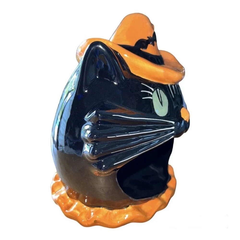 Large Wide Open Mouth Ceramic Black Cat Halloween Candy Dish Approximately 8